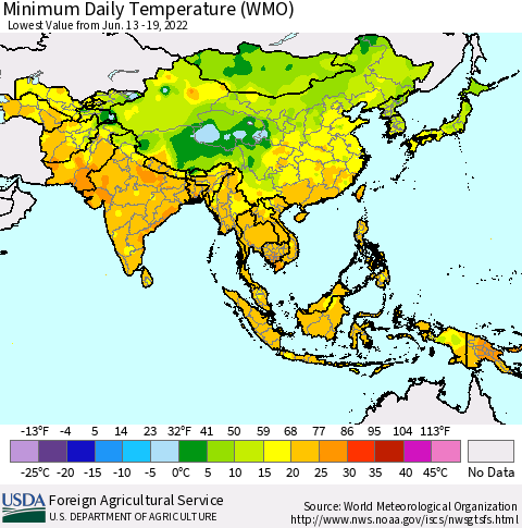 Asia Minimum Daily Temperature (WMO) Thematic Map For 6/13/2022 - 6/19/2022