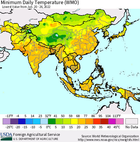 Asia Minimum Daily Temperature (WMO) Thematic Map For 6/20/2022 - 6/26/2022