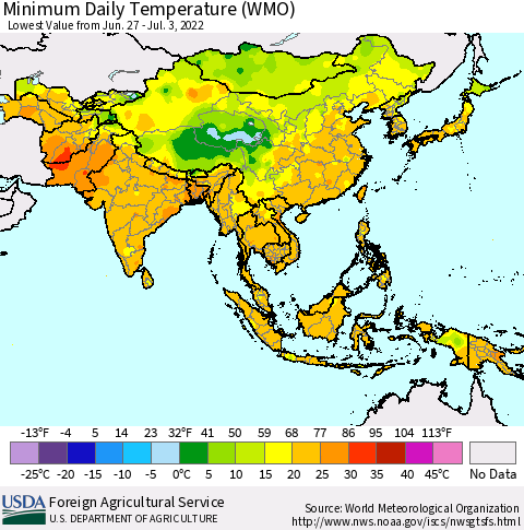 Asia Minimum Daily Temperature (WMO) Thematic Map For 6/27/2022 - 7/3/2022