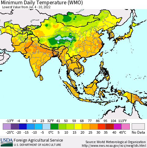 Asia Minimum Daily Temperature (WMO) Thematic Map For 7/4/2022 - 7/10/2022