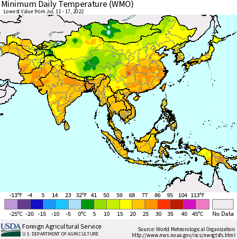 Asia Minimum Daily Temperature (WMO) Thematic Map For 7/11/2022 - 7/17/2022