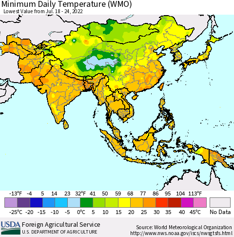 Asia Minimum Daily Temperature (WMO) Thematic Map For 7/18/2022 - 7/24/2022