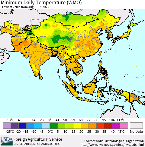 Asia Minimum Daily Temperature (WMO) Thematic Map For 8/1/2022 - 8/7/2022