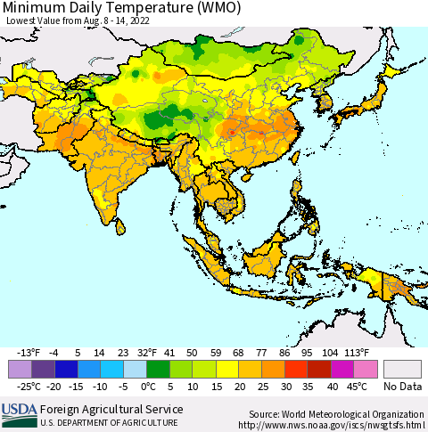 Asia Minimum Daily Temperature (WMO) Thematic Map For 8/8/2022 - 8/14/2022