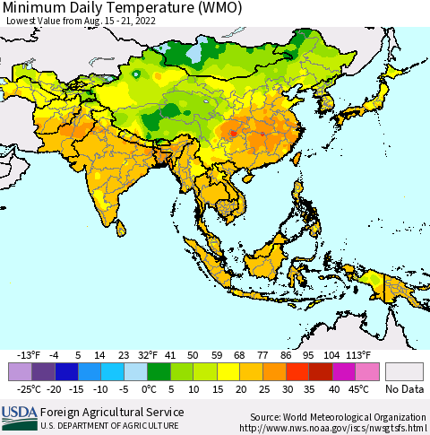 Asia Minimum Daily Temperature (WMO) Thematic Map For 8/15/2022 - 8/21/2022