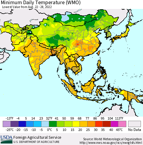 Asia Minimum Daily Temperature (WMO) Thematic Map For 8/22/2022 - 8/28/2022