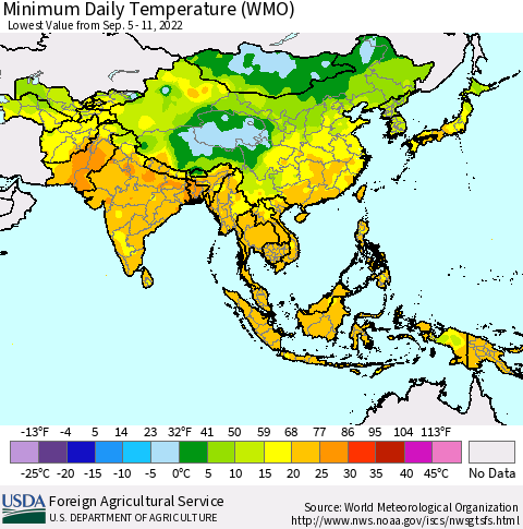 Asia Minimum Daily Temperature (WMO) Thematic Map For 9/5/2022 - 9/11/2022