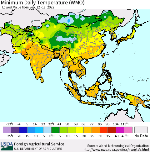 Asia Minimum Daily Temperature (WMO) Thematic Map For 9/12/2022 - 9/18/2022