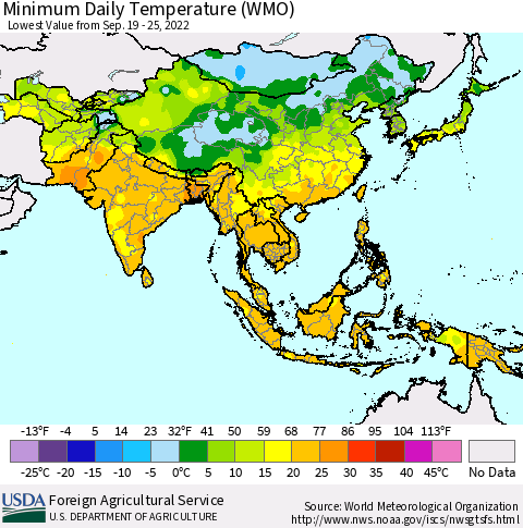 Asia Minimum Daily Temperature (WMO) Thematic Map For 9/19/2022 - 9/25/2022