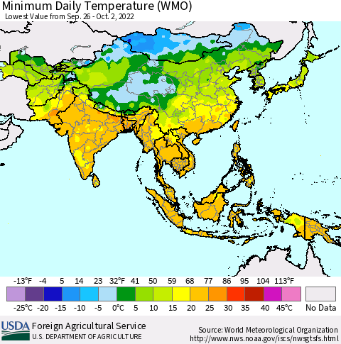 Asia Minimum Daily Temperature (WMO) Thematic Map For 9/26/2022 - 10/2/2022