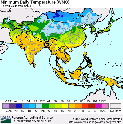 Asia Minimum Daily Temperature (WMO) Thematic Map For 10/3/2022 - 10/9/2022