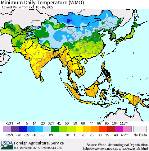 Asia Minimum Daily Temperature (WMO) Thematic Map For 10/10/2022 - 10/16/2022
