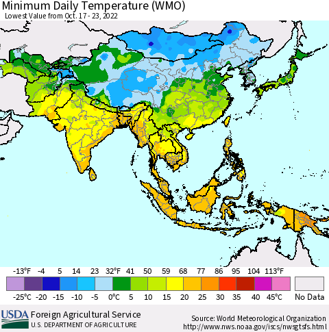 Asia Minimum Daily Temperature (WMO) Thematic Map For 10/17/2022 - 10/23/2022