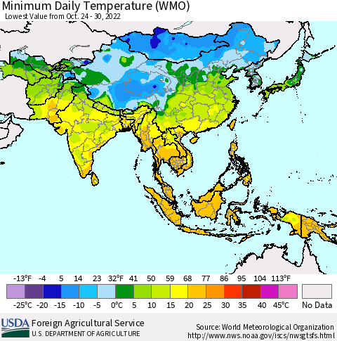 Asia Minimum Daily Temperature (WMO) Thematic Map For 10/24/2022 - 10/30/2022