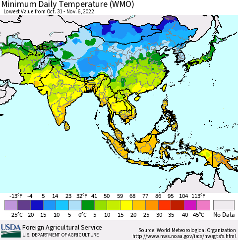 Asia Minimum Daily Temperature (WMO) Thematic Map For 10/31/2022 - 11/6/2022