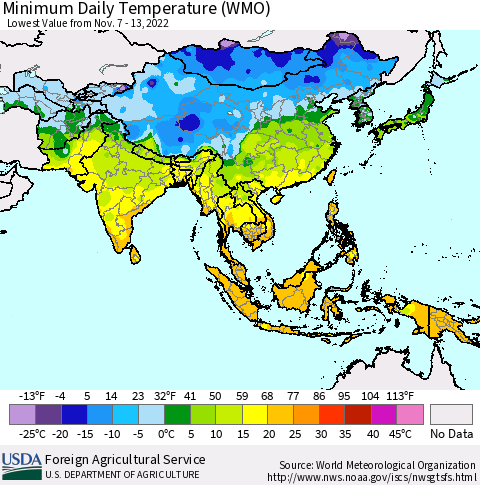 Asia Minimum Daily Temperature (WMO) Thematic Map For 11/7/2022 - 11/13/2022