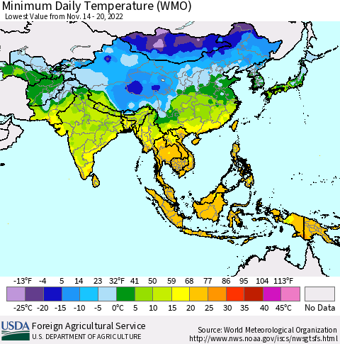 Asia Minimum Daily Temperature (WMO) Thematic Map For 11/14/2022 - 11/20/2022