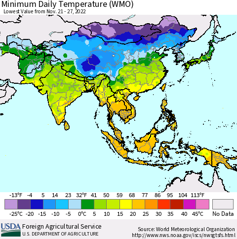 Asia Minimum Daily Temperature (WMO) Thematic Map For 11/21/2022 - 11/27/2022