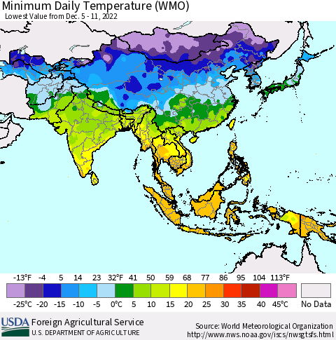 Asia Minimum Daily Temperature (WMO) Thematic Map For 12/5/2022 - 12/11/2022
