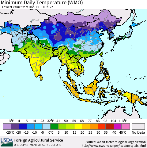Asia Minimum Daily Temperature (WMO) Thematic Map For 12/12/2022 - 12/18/2022