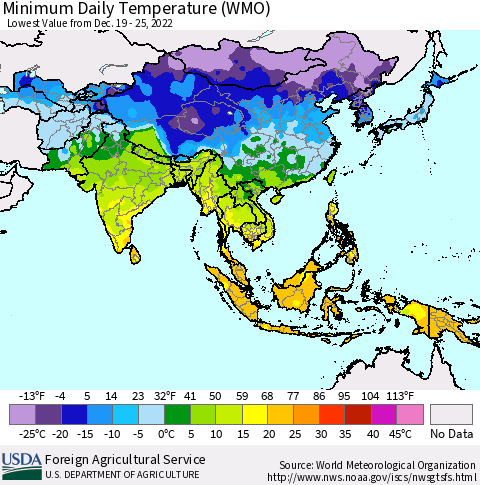Asia Minimum Daily Temperature (WMO) Thematic Map For 12/19/2022 - 12/25/2022