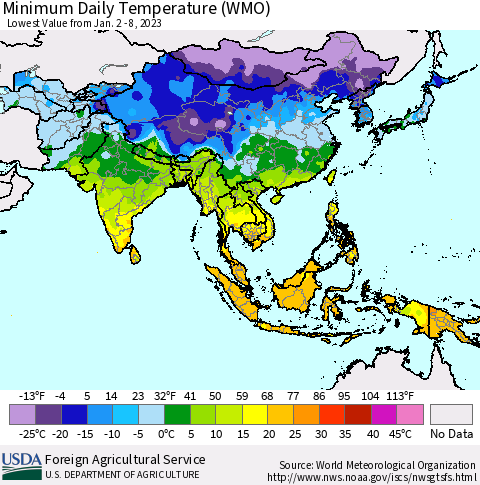 Asia Minimum Daily Temperature (WMO) Thematic Map For 1/2/2023 - 1/8/2023