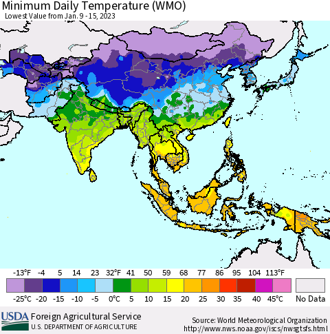 Asia Minimum Daily Temperature (WMO) Thematic Map For 1/9/2023 - 1/15/2023