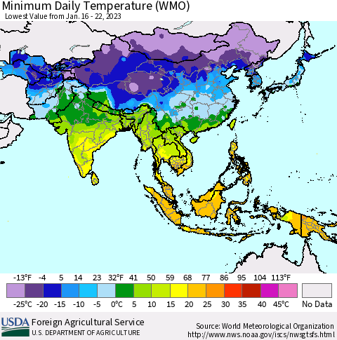 Asia Minimum Daily Temperature (WMO) Thematic Map For 1/16/2023 - 1/22/2023