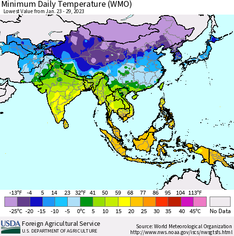 Asia Minimum Daily Temperature (WMO) Thematic Map For 1/23/2023 - 1/29/2023