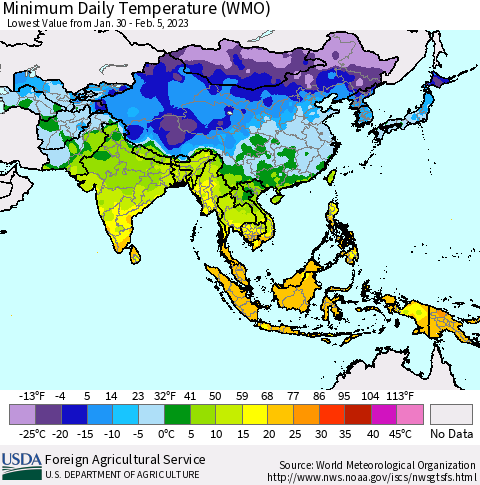 Asia Minimum Daily Temperature (WMO) Thematic Map For 1/30/2023 - 2/5/2023