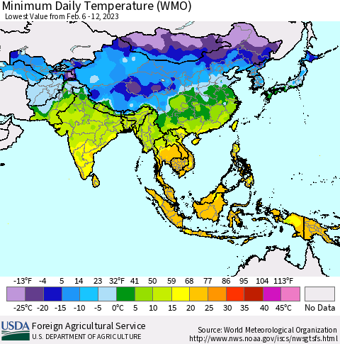 Asia Minimum Daily Temperature (WMO) Thematic Map For 2/6/2023 - 2/12/2023