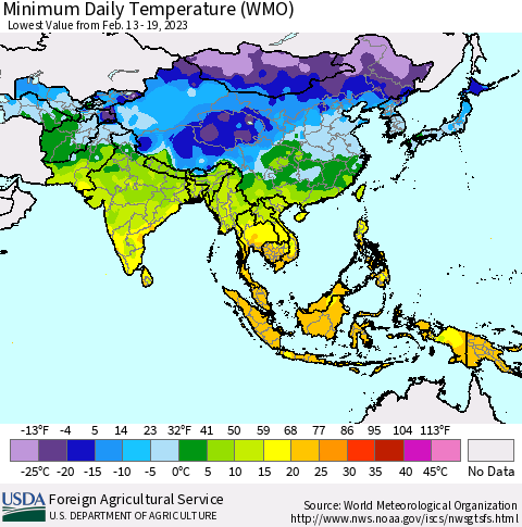 Asia Minimum Daily Temperature (WMO) Thematic Map For 2/13/2023 - 2/19/2023