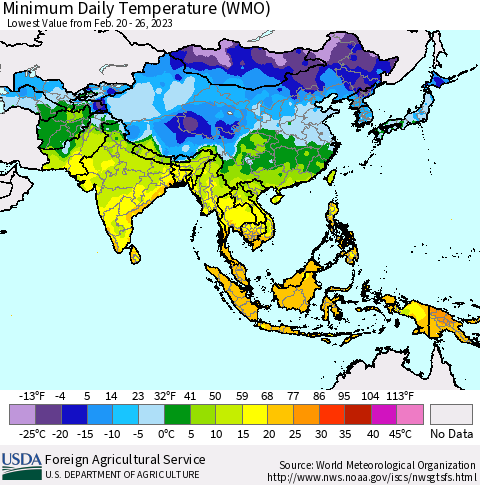 Asia Minimum Daily Temperature (WMO) Thematic Map For 2/20/2023 - 2/26/2023