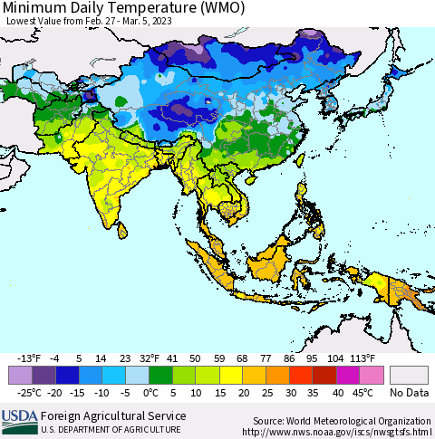 Asia Minimum Daily Temperature (WMO) Thematic Map For 2/27/2023 - 3/5/2023
