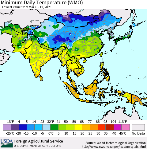 Asia Minimum Daily Temperature (WMO) Thematic Map For 3/6/2023 - 3/12/2023