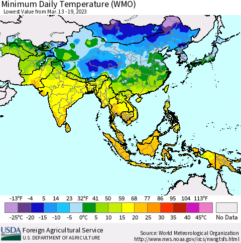 Asia Minimum Daily Temperature (WMO) Thematic Map For 3/13/2023 - 3/19/2023