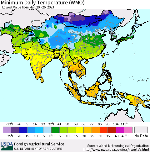 Asia Minimum Daily Temperature (WMO) Thematic Map For 3/20/2023 - 3/26/2023