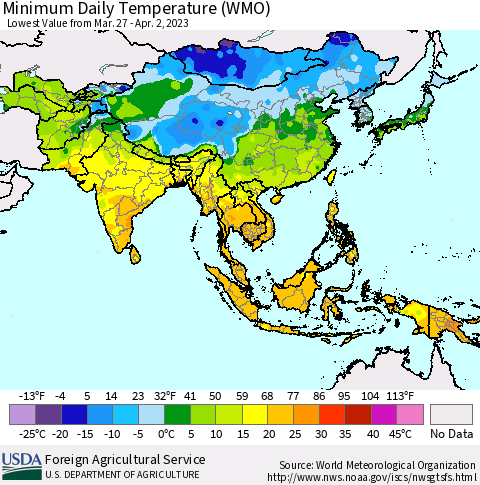 Asia Minimum Daily Temperature (WMO) Thematic Map For 3/27/2023 - 4/2/2023