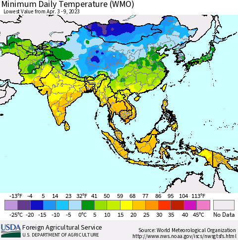Asia Minimum Daily Temperature (WMO) Thematic Map For 4/3/2023 - 4/9/2023