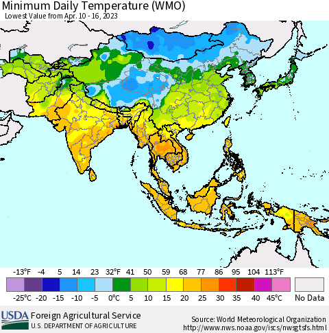 Asia Minimum Daily Temperature (WMO) Thematic Map For 4/10/2023 - 4/16/2023