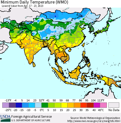 Asia Minimum Daily Temperature (WMO) Thematic Map For 4/17/2023 - 4/23/2023