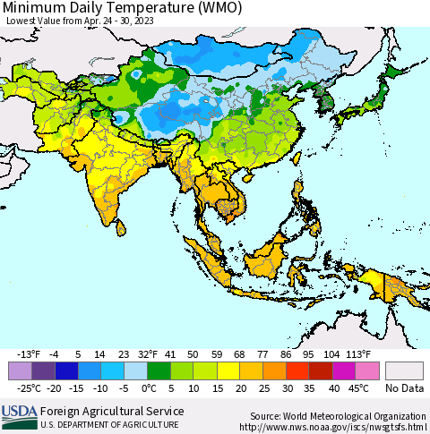 Asia Minimum Daily Temperature (WMO) Thematic Map For 4/24/2023 - 4/30/2023