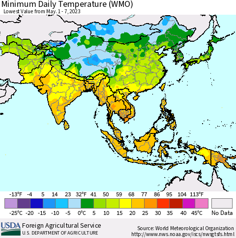 Asia Minimum Daily Temperature (WMO) Thematic Map For 5/1/2023 - 5/7/2023