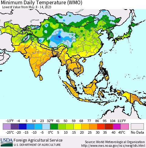 Asia Minimum Daily Temperature (WMO) Thematic Map For 5/8/2023 - 5/14/2023