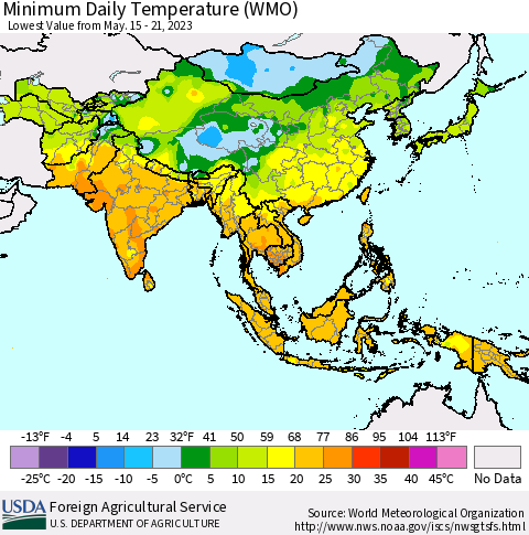 Asia Minimum Daily Temperature (WMO) Thematic Map For 5/15/2023 - 5/21/2023