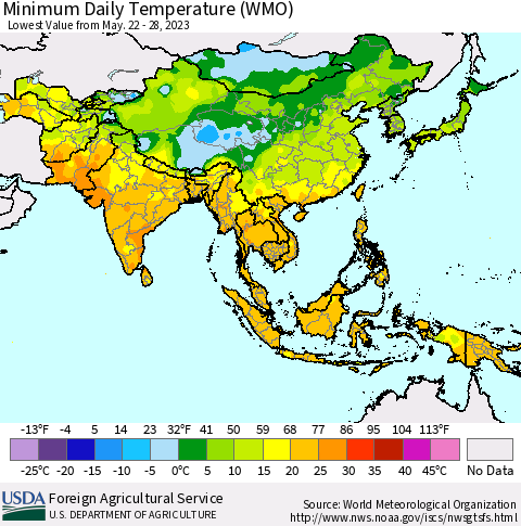 Asia Minimum Daily Temperature (WMO) Thematic Map For 5/22/2023 - 5/28/2023