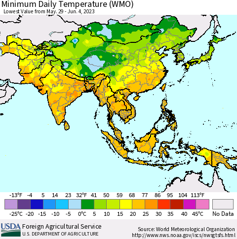 Asia Minimum Daily Temperature (WMO) Thematic Map For 5/29/2023 - 6/4/2023