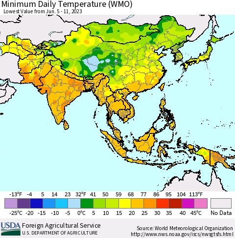 Asia Minimum Daily Temperature (WMO) Thematic Map For 6/5/2023 - 6/11/2023