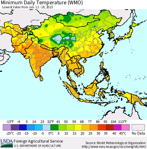 Asia Minimum Daily Temperature (WMO) Thematic Map For 6/12/2023 - 6/18/2023