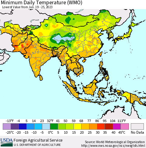 Asia Minimum Daily Temperature (WMO) Thematic Map For 6/19/2023 - 6/25/2023